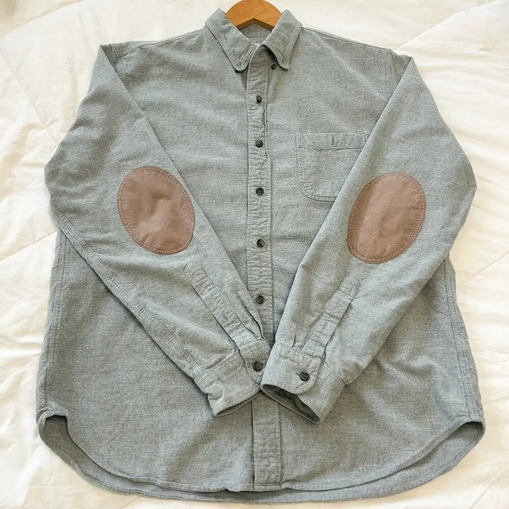 J.Crew Gray Button Down Workshirt Large 100% Cotton Elbow Patch Long Sleeve